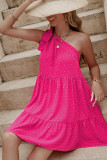Rose Swiss Dot One Shoulder Ruffles Dress