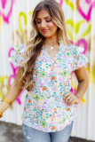 White Floral Print Ruffle Tiered Sleeves Blouse