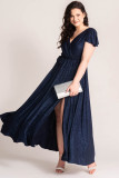 Blue Flutter Sleeve Wrap V Neck Plus Size Belted Dress