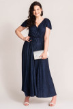 Blue Flutter Sleeve Wrap V Neck Plus Size Belted Dress