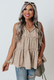 Khaki Split V Neck Tiered Ruffle Tank Top
