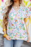 White Floral Print Ruffle Tiered Sleeves Blouse