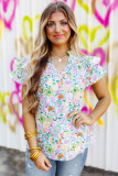 White Floral Print Ruffle Tiered Sleeves Blouse