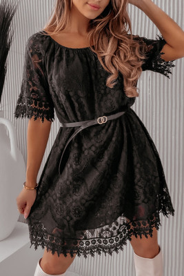 Black Round Neck Short Sleeve Loose Lace Dress