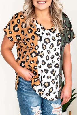 Yellow Plus Size Leopard Print Contrast T-Shirt