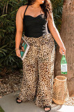 Leopard Plus Size Smoked High Waist Wide Leg Pants