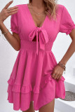 Rose V Neck Hollow Out Front Tie Flowy Dress