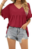 V Neck Ruffle Sleeves Splicing Smocked Blouse