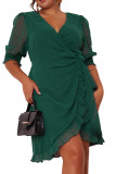 Green Plus Size Swiss Dot Puff Sleeve Wrap Dress
