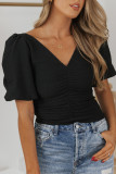 Black V Neck Ruched Front Puffy Sleeve Blouse
