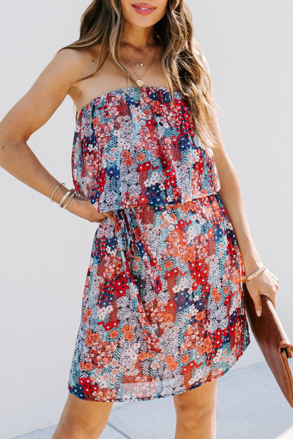 Red Floral Print Tiered Ruffled Bandeau Mini Dress