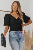 Black V Neck Ruched Front Puffy Sleeve Blouse