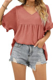 V Neck Ruffle Sleeves Splicing Smocked Blouse
