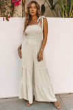Apricot Tie Straps Shirred Bodice Tiered Wide Leg Jumpsuit