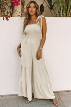 Apricot Tie Straps Shirred Bodice Tiered Wide Leg Jumpsuit