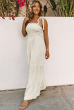 Apricot Tie Straps Shirred Bodice Tiered Wide Leg Jumpsuit