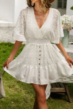 White Lace Bat Sleeves V Neck Mini Dress