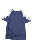 Blue Lace Splicing Twist Cold Shoulder Blouse