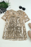 Gold Keyhole Back Sequin Puff Sleeve T Shirt
