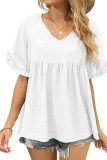 V Neck Ruffle Sleeves Splicing Smocked Blouse