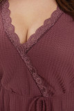 Red Plus Size Waffle Knit Lace V Neck Wrap Top