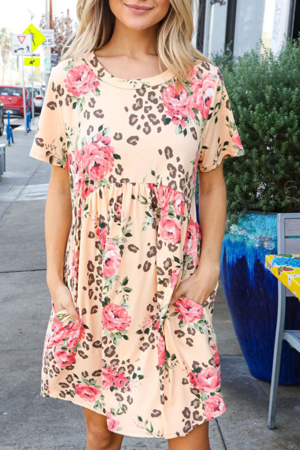 Pink Animal & Floral Blended Babydoll Fit T-shirt Dress
