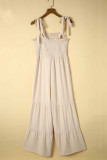 Apricot Tie Straps Shirred Bodice Tiered Wide Leg Jumpsuit