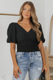 Black V Neck Ruched Front Puffy Sleeve Blouse
