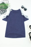 Blue Lace Splicing Twist Cold Shoulder Blouse