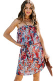 Red Floral Print Tiered Ruffled Bandeau Mini Dress