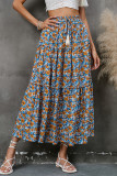 High Waist Draswstring Boho Flower Print Splicing Skirt Dress