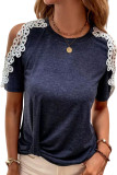 Blue Lace Splicing Twist Cold Shoulder Blouse