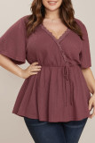 Red Plus Size Waffle Knit Lace V Neck Wrap Top