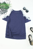 Blue Lace Splicing Twist Cold Shoulder Blouse