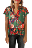 Green Abstract Print Notch V Neck Belted Blouse