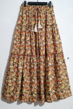 High Waist Draswstring Boho Flower Print Splicing Skirt Dress