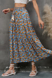 High Waist Draswstring Boho Flower Print Splicing Skirt Dress