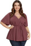 Red Plus Size Waffle Knit Lace V Neck Wrap Top