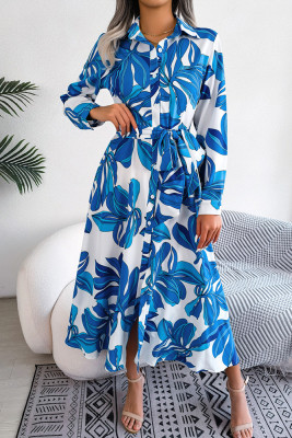 Contrast Print Button UP Split Shirt Dress