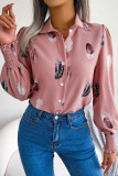 Feather Print Button Up Lantern Sleeves Shirt