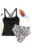 Black Notch Neckline Strappy Tankini Contrast High Waist Swimsuit