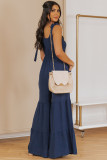 Blue Tie Straps Shirred Bodice Tiered Wide Leg Jumpsuit