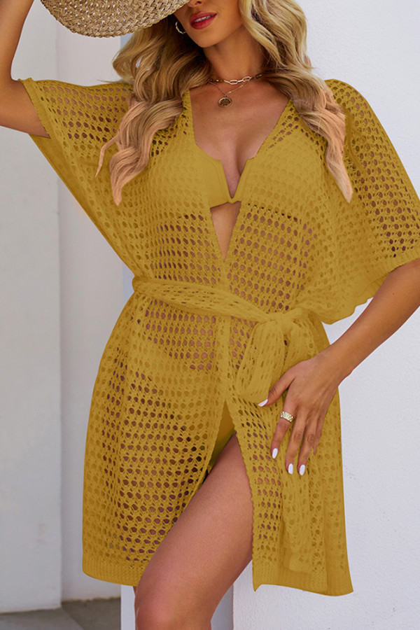 Plain Hollow Out Knit Open Kimono With Sash