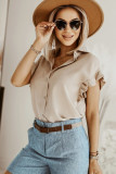 Khaki Ruffle Short Sleeve Button Up Shirt