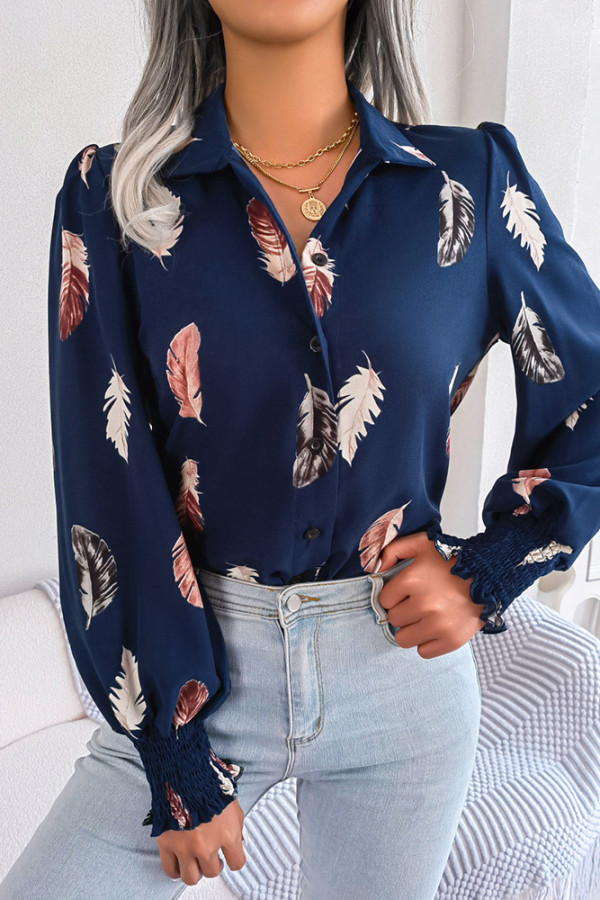 Feather Print Button Up Lantern Sleeves Shirt