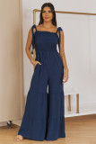 Blue Tie Straps Shirred Bodice Tiered Wide Leg Jumpsuit