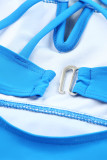 Sky Blue Notch Neckline Strappy Tankini Contrast High Waist Swimsuit