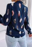 Feather Print Button Up Lantern Sleeves Shirt