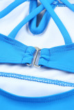 Sky Blue Notch Neckline Strappy Tankini Contrast High Waist Swimsuit