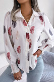 Feather Print Button Up Lantern Sleeves Shirt
